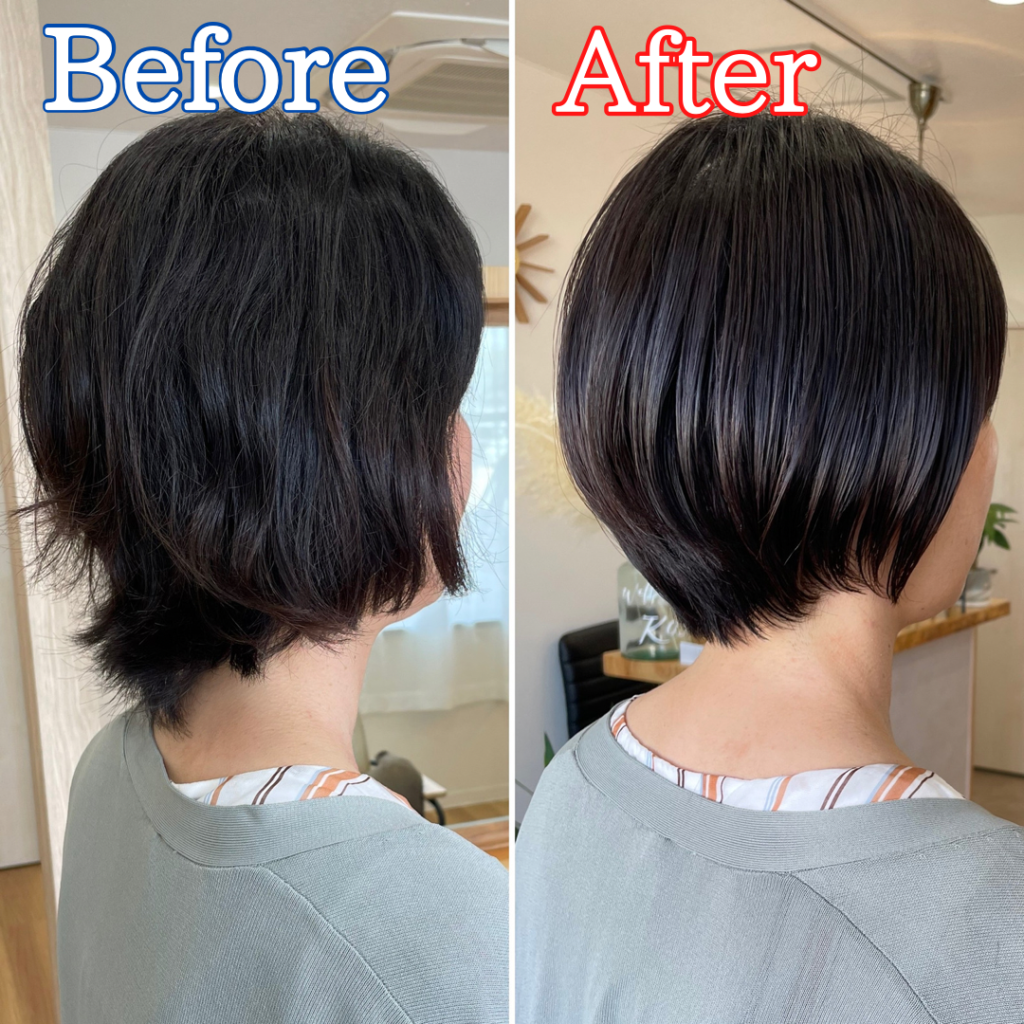 岡山県倉敷市の美容室で縮毛矯正をあててショートヘアに